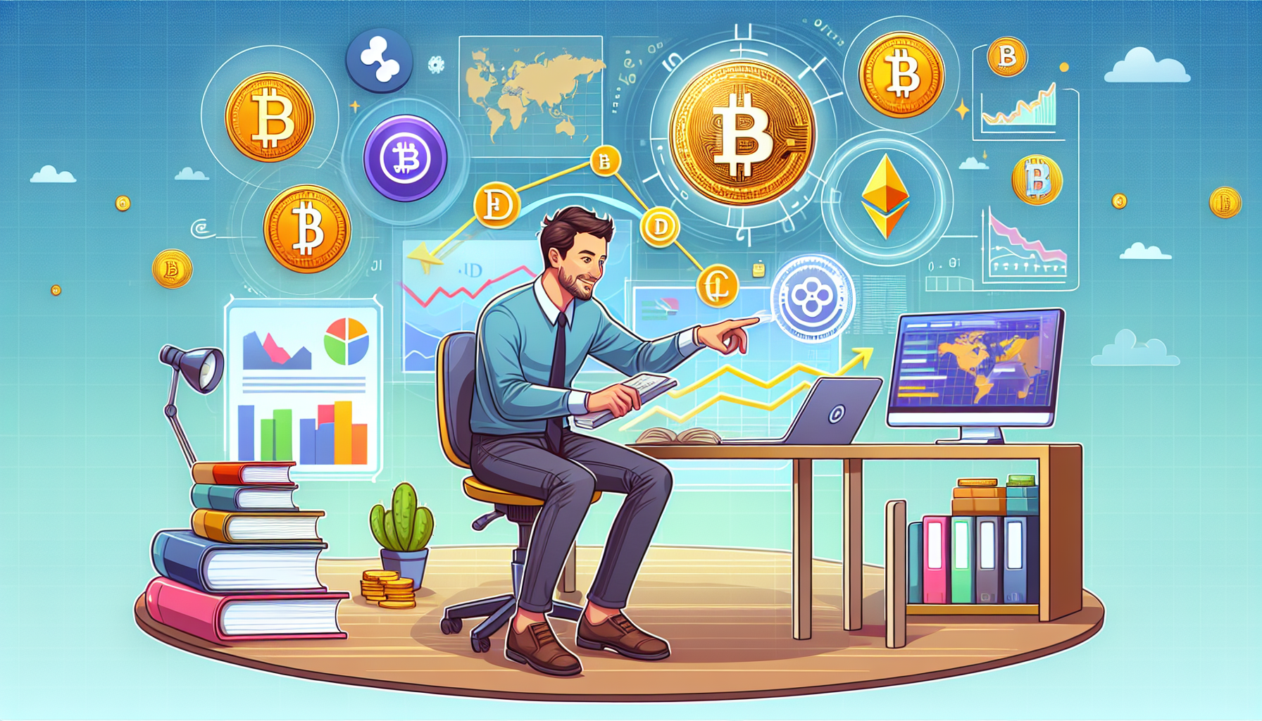 Create an image that visually depicts the concept of a beginner's guide to cryptocurrency. The scene includes a cheerful person sitting at a desk with a laptop, discovering cryptocurrency basics on the screen. Surrounding them are symbols of major cryptocurrencies like Bitcoin, Ethereum, and Ripple, along with charts, graphs, and a small stack of instructional books. The background shows a cozy, modern room, and the overall mood is welcoming and educational.