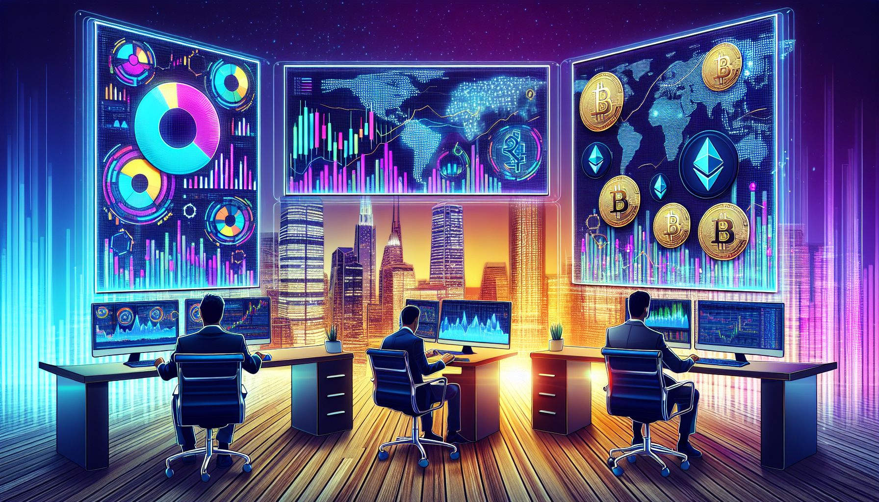 Create a highly detailed digital illustration that captures the essence of successful cryptocurrency investment. The scene should depict a professional investor's workspace filled with multiple screens showing cryptocurrency market trends. In the background, display a futuristic cityscape symbolizing technological advancement. Include key elements such as Bitcoin, Ethereum, and other popular cryptocurrency logos. Subtlety add charts, graphs, and a notepad filled with investment strategies and tips to emphasize research and planning. The overall vibe should convey diligence, strategy, and modern finance.