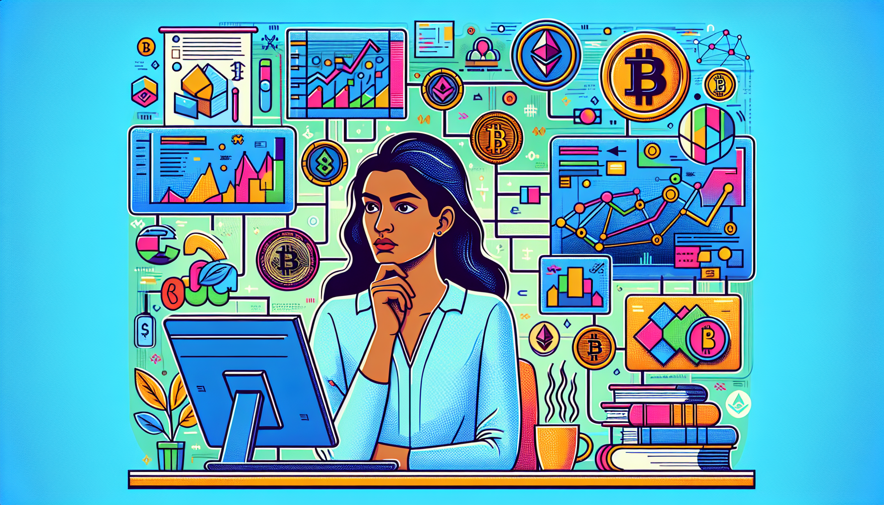 Create an image that depicts the essence of Mastering the Basics of Cryptocurrency Trading. Show a person analyzing a computer screen filled with various cryptocurrency charts, graphs, and data. Include symbols of popular cryptocurrencies like Bitcoin, Ethereum, and others. The person should have a thoughtful expression, showing focus and determination. Surround the scene with elements like books, notes, and a cup of coffee to indicate a learning environment. The background should be a modern, organized workspace.