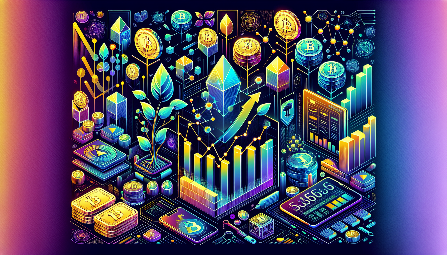 Create a detailed digital illustration of various smart strategies for investing in cryptocurrency, showcasing elements like diversified crypto portfolios, secure digital wallets, blockchain technology, trend analysis charts, risk management techniques, and futuristic financial growth symbols. The image should have a modern and sleek design, integrating vibrant colors and dynamic graphics to reflect the innovative and evolving nature of the crypto market.