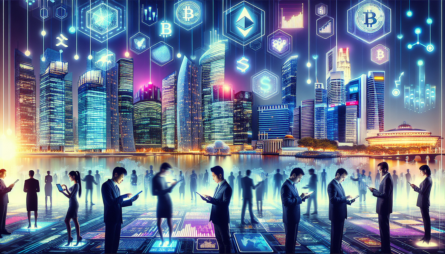 A futuristic cityscape with holographic financial charts, digital currency symbols, and a diverse group of people using various devices to conduct cryptocurrency transactions. The skyline is adorned with sleek, modern buildings displaying large LED screens showcasing real-time values of cryptocurrencies like Bitcoin, Ethereum, and others. The atmosphere blends advanced technology with a sense of global interconnectedness in finance.