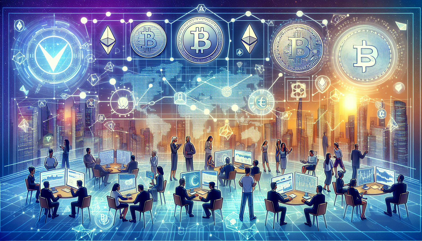 Create an image depicting a modern cryptocurrency exchange platform. Include digital tokens like Bitcoin, Ethereum, and Litecoin floating above the platform's interface, which shows market charts, buy/sell buttons, and a secure digital wallet. The background should feature people trading and discussing cryptocurrencies in a futuristic, tech-savvy setting with blockchain nodes subtly integrated into the scenery.