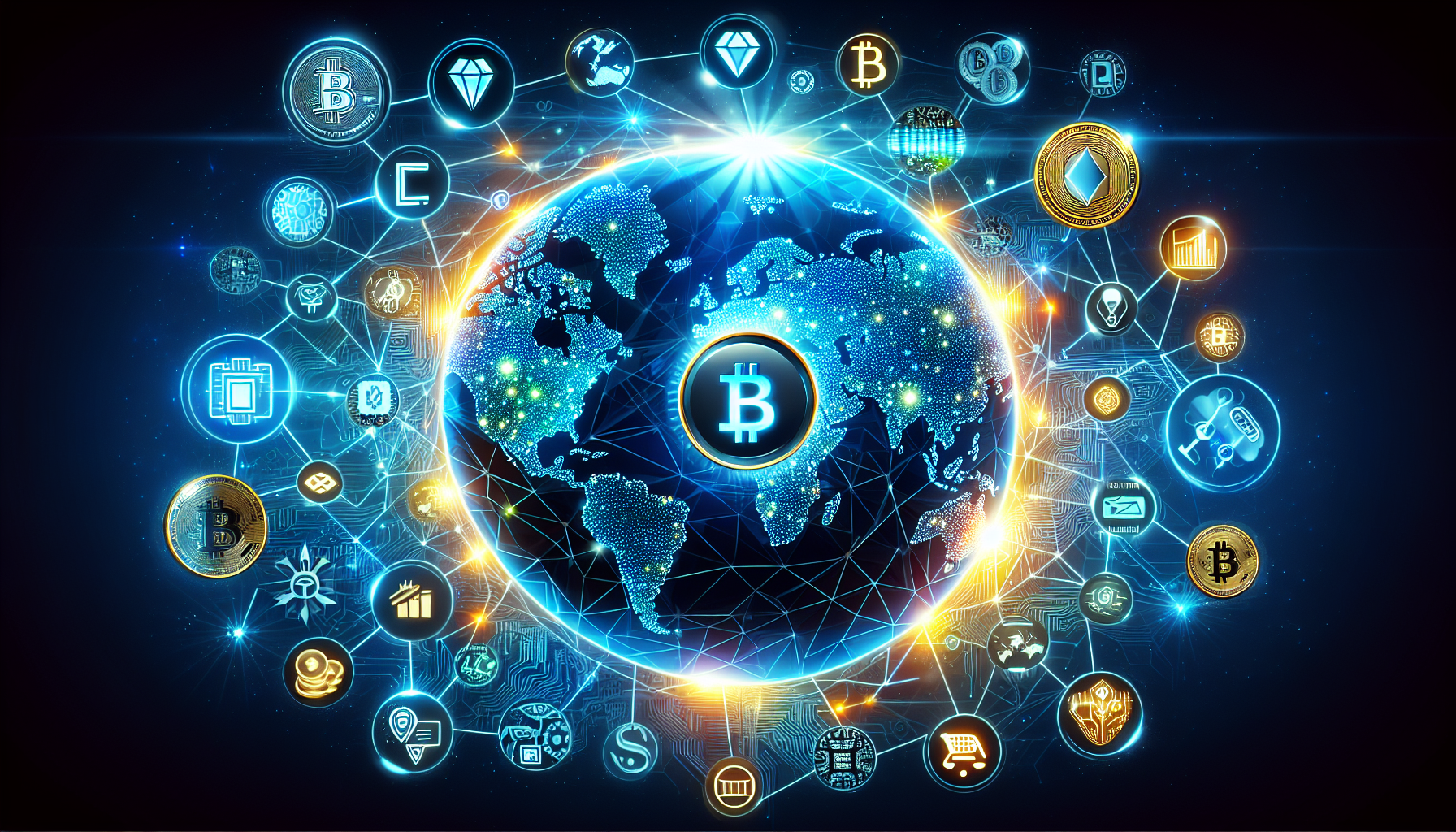 Create an image that showcases the dynamic rise and global impact of cryptocurrencies. Depict a digital world map with bright, glowing connections representing the network of cryptocurrency transactions. Prominently feature iconic cryptocurrency symbols like Bitcoin, Ethereum, and others orbiting around the map. Integrate elements showing the influence of these digital currencies on various sectors such as finance, technology, and commerce. Use a futuristic, tech-savvy visual style with a color palette dominated by blues, blacks, and vibrant metallics to convey the innovation and transformative power of cryptocurrencies.