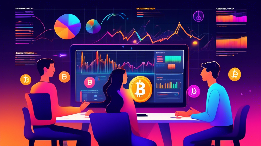 Create a vibrant and informative illustration that depicts a beginner's guide to understanding cryptocurrency charts. Show a diverse group of people gathered around a large digital screen displaying various colorful cryptocurrency charts, including line graphs, candlestick charts, and bar graphs. Include labeled elements like 'Price Trends,' 'Volume,' and 'Market Cap' to indicate key terms. The background should feature a modern, tech-savvy setting with symbols of popular cryptocurrencies like Bitcoin, Ethereum, and others to emphasize the digital currency theme.